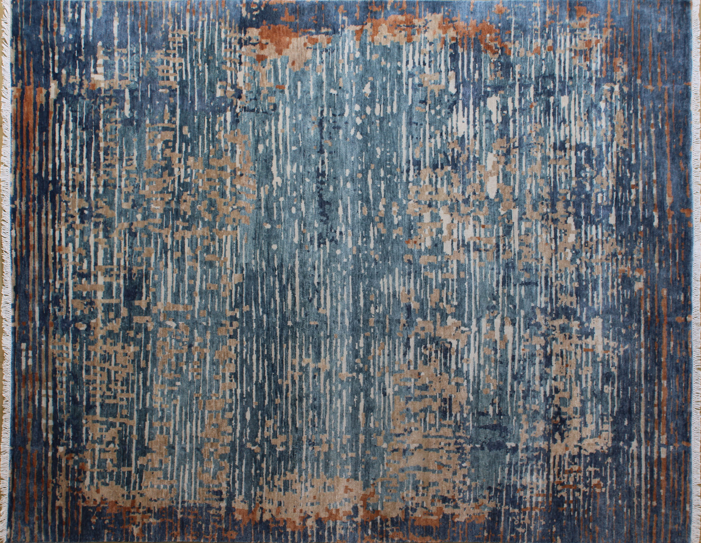 Abstract distressed Blue Wool Patterned Rug 8ft x 10ft - Handknotted Carpet Manufacturer Mirzapur